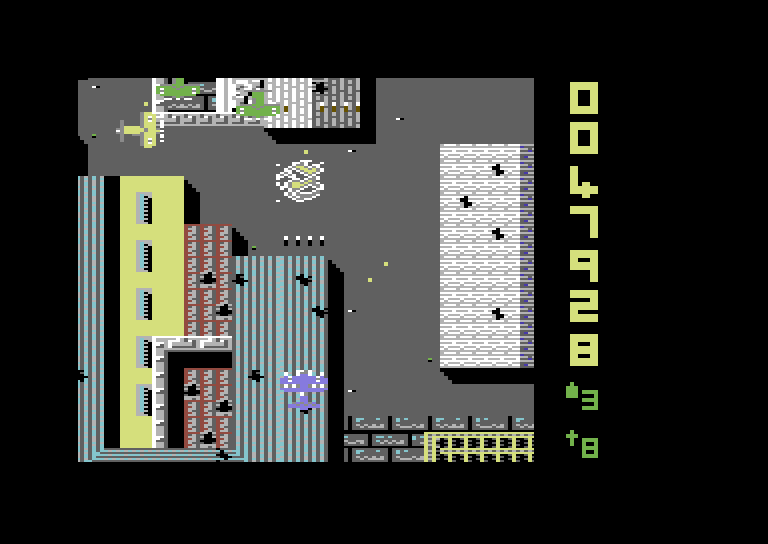 Sky Shark Commodore 64 Screenshot: The terrain throughout the game is varied.