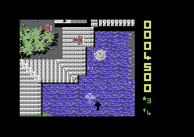 Sky Shark Commodore 64 Screenshot: Shoot all of the red planes in a formation for a power up.