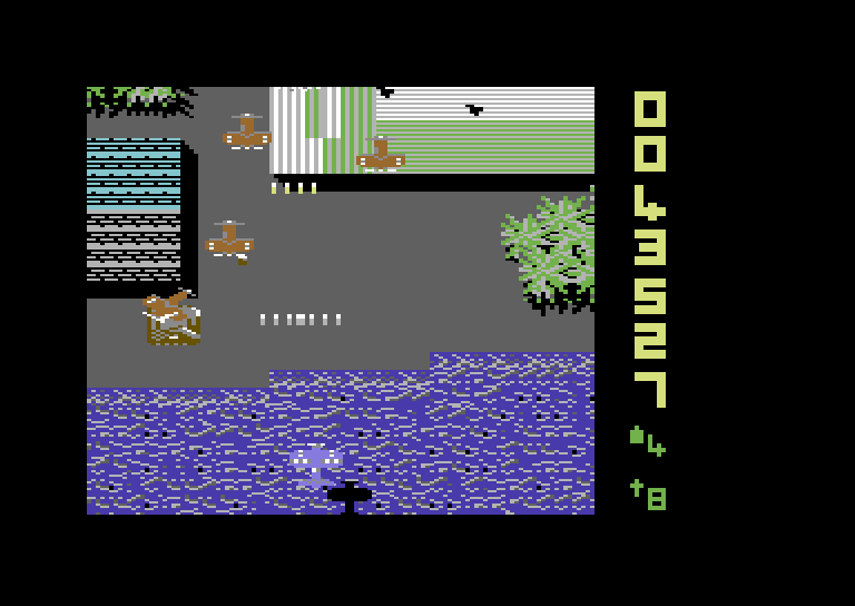 Sky Shark Commodore 64 Screenshot: Another formation of the red bonus ships appears!