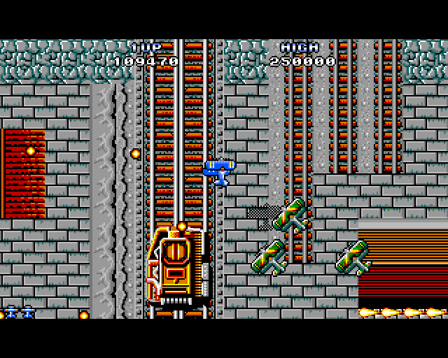 Sky Shark Amiga Screenshot: This vehicle on the tracks is deadly...