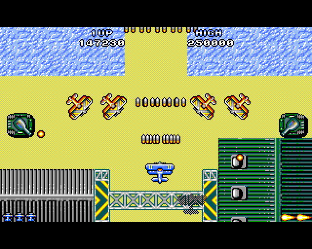 Sky Shark Amiga Screenshot: Tanks and a yellow squadron all attack at once!