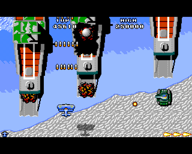 Sky Shark Amiga Screenshot: Watch out for the tanks hiding in this ship...