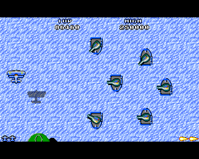 Sky Shark Amiga Screenshot: Multiple boats appear to try to shoot me down!