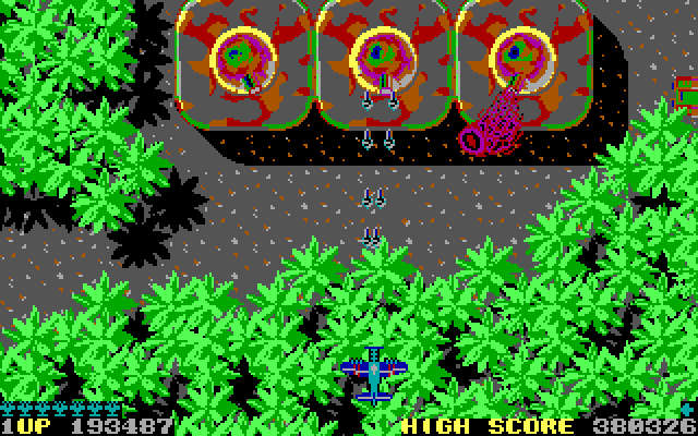 Sky Shark IBM PC/Compatibles Screenshot: Multiple, large guns guard the end of this level.