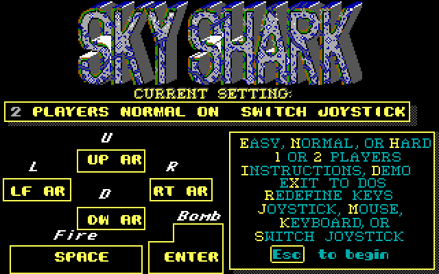 Sky Shark IBM PC/Compatibles Screenshot: Main menu / setup the controls.