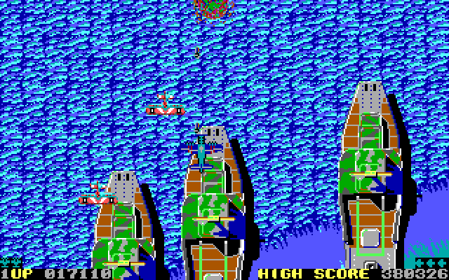 Sky Shark IBM PC/Compatibles Screenshot: Shoot this entire formation of red planes for a bonus...