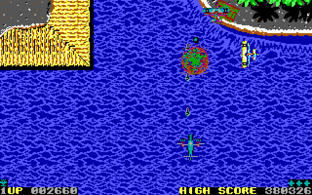 Sky Shark IBM PC/Compatibles Screenshot: Firing; an enemy plane destroyed!