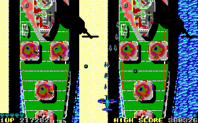 Sky Shark IBM PC/Compatibles Screenshot: Fighting two large battleships!