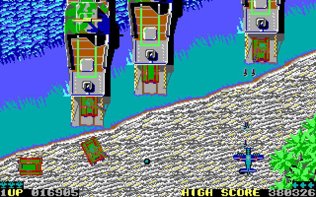 Sky Shark IBM PC/Compatibles Screenshot: Tanks appear from these ships and attack!