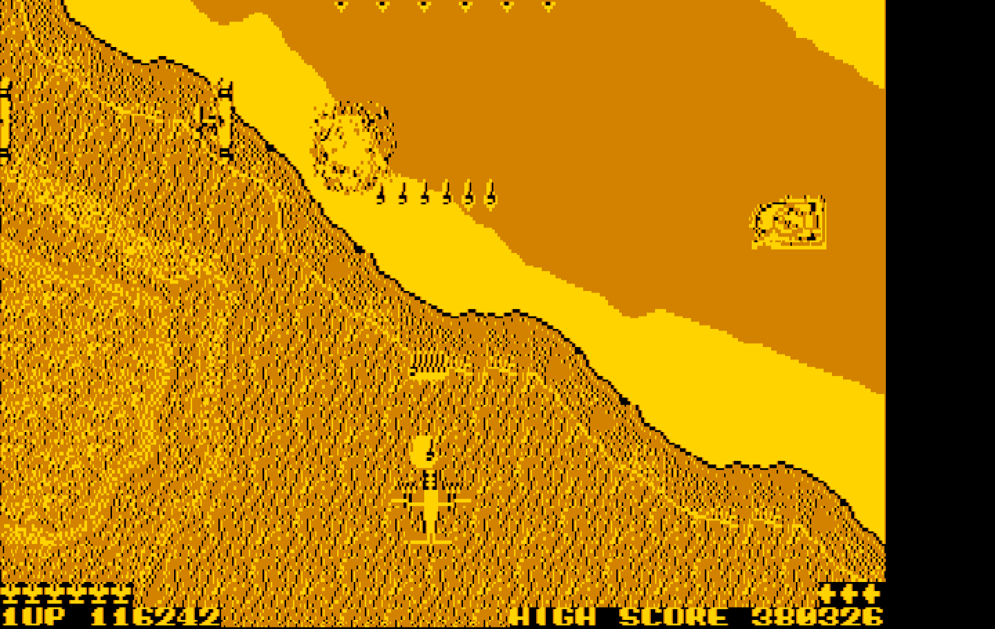 Sky Shark IBM PC/Compatibles Screenshot: Both boats and tanks attack when crossing this river...