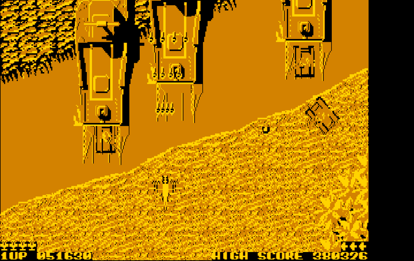 Sky Shark IBM PC/Compatibles Screenshot: Watch out for tanks coming out of these ships...