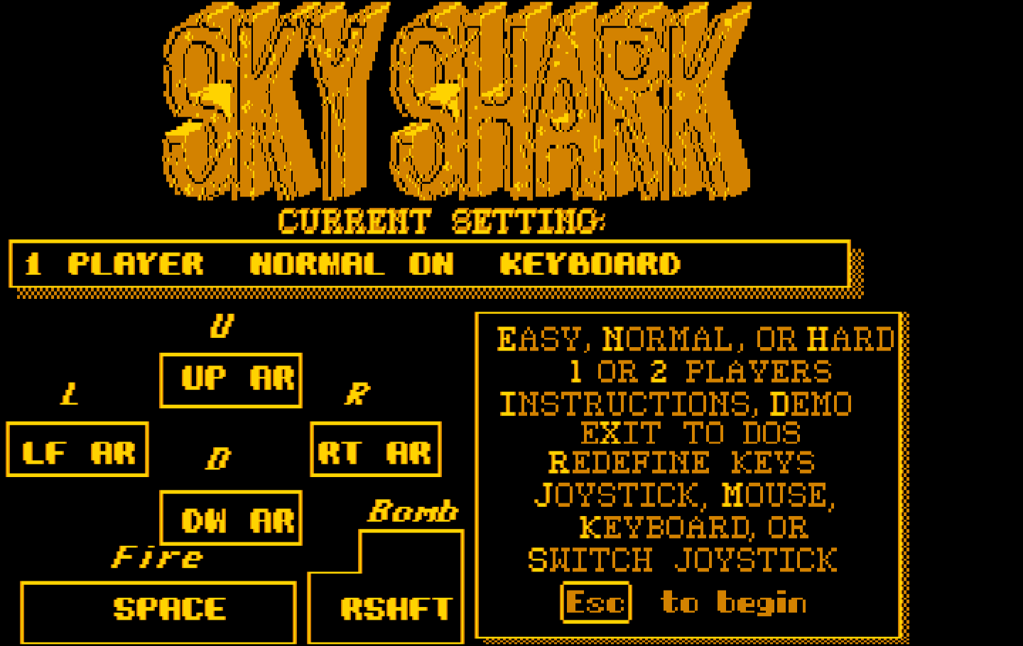 Sky Shark IBM PC/Compatibles Screenshot: The main menu.