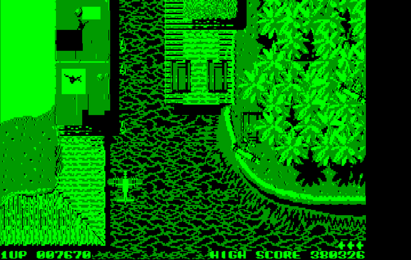 Sky Shark IBM PC/Compatibles Screenshot: Watch out for tanks.