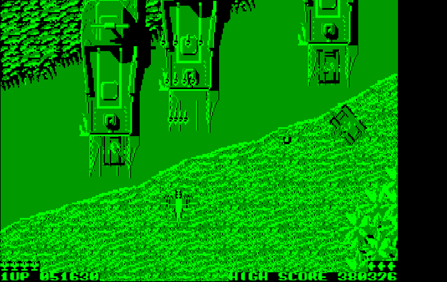 Sky Shark IBM PC/Compatibles Screenshot: Watch out for tanks coming out of these ships...