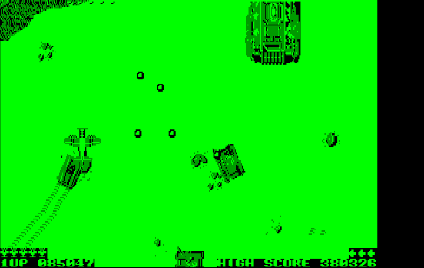 Sky Shark IBM PC/Compatibles Screenshot: Assorted size tanks attack in this area...