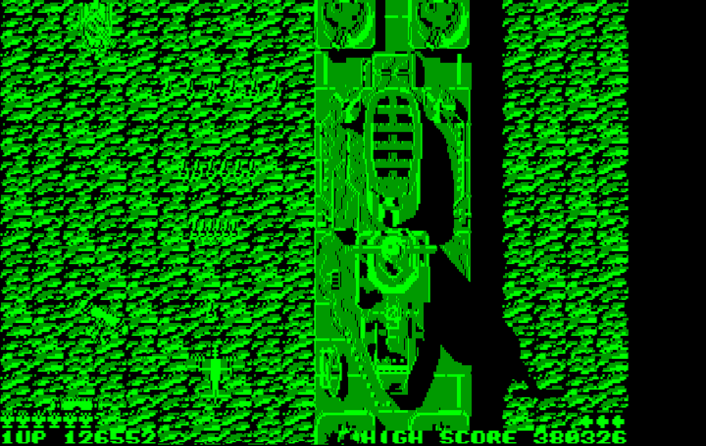 Sky Shark IBM PC/Compatibles Screenshot: Some enemy ships are larger than the screen...