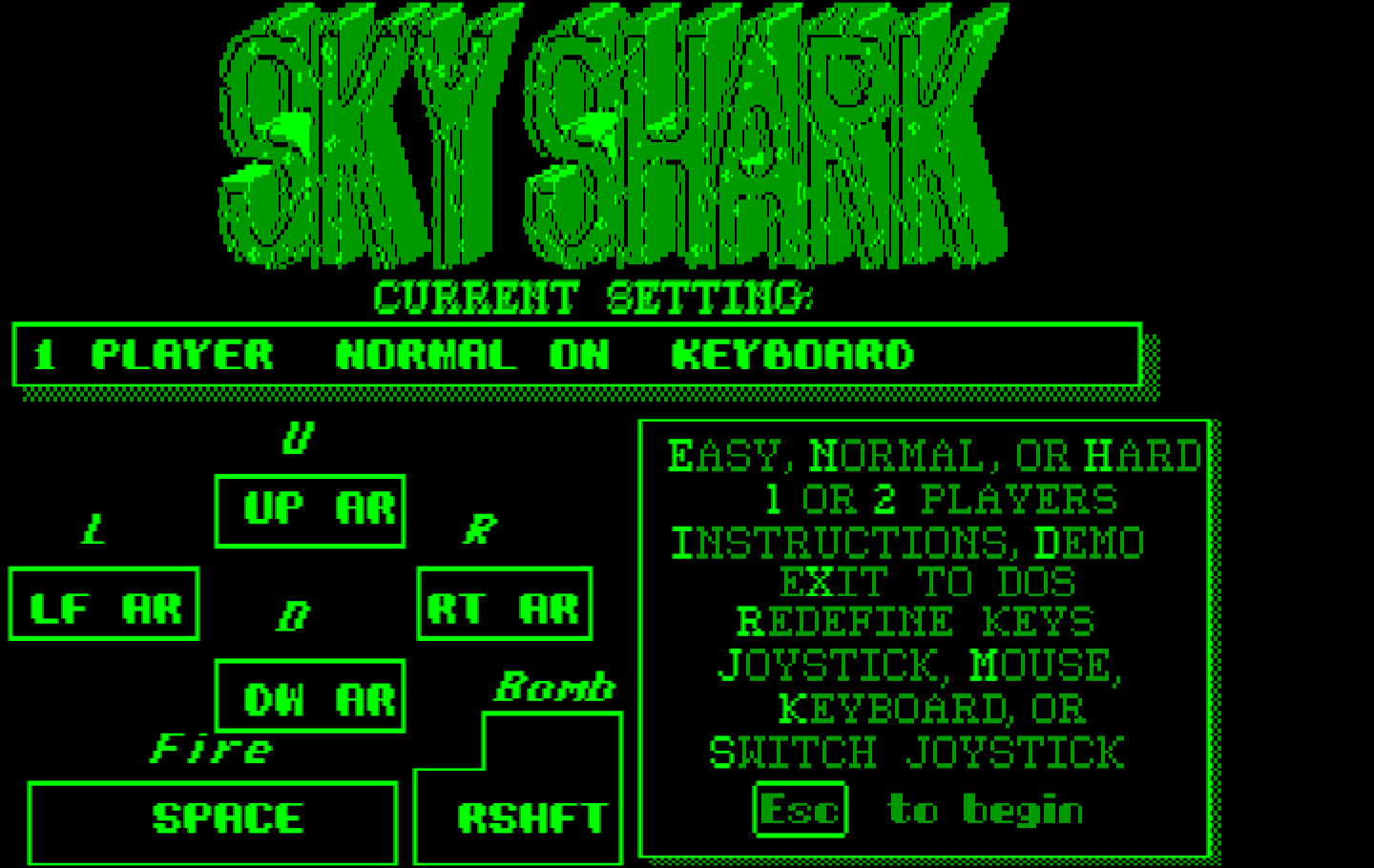 Sky Shark IBM PC/Compatibles Screenshot: The main menu.