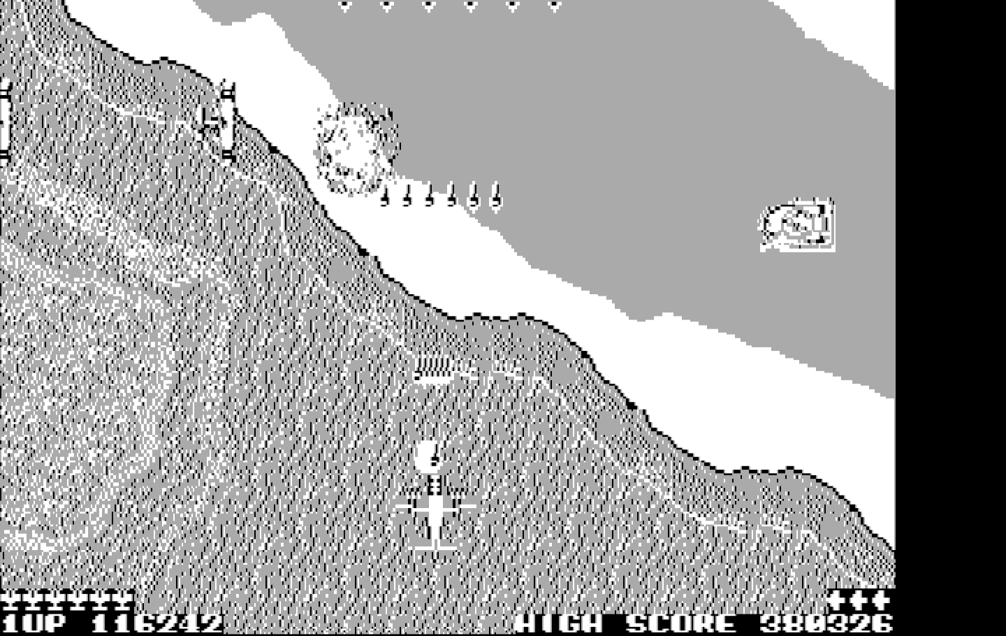 Sky Shark IBM PC/Compatibles Screenshot: Both boats and tanks attack when crossing this river...