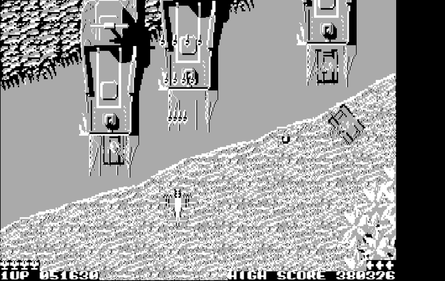 Sky Shark IBM PC/Compatibles Screenshot: Watch out for tanks coming out of these ships...