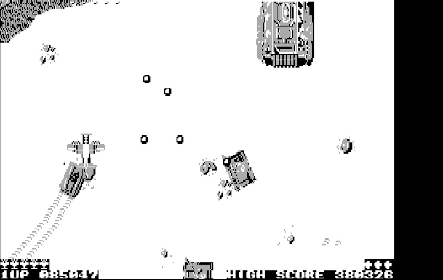 Sky Shark IBM PC/Compatibles Screenshot: Assorted size tanks attack in this area...