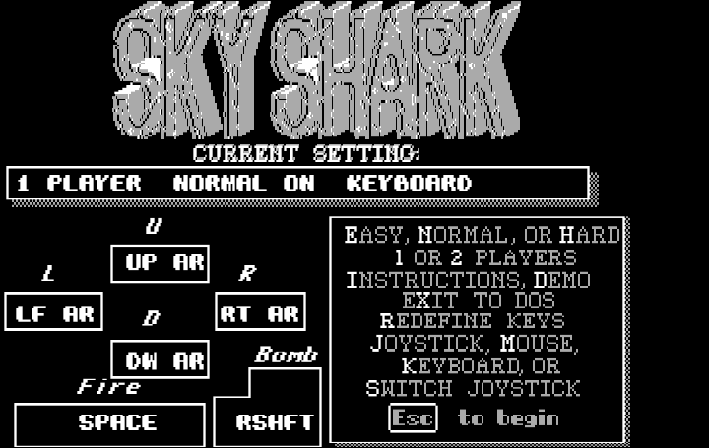 Sky Shark IBM PC/Compatibles Screenshot: The main menu.