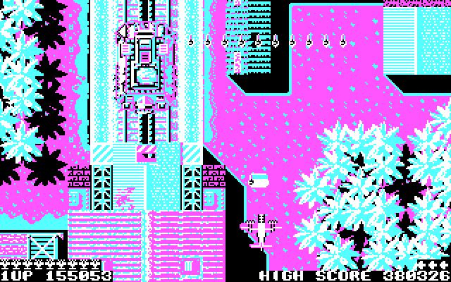 Sky Shark IBM PC/Compatibles Screenshot: A large opponent on the tracks emerges...