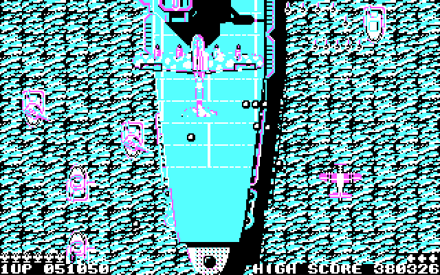 Sky Shark IBM PC/Compatibles Screenshot: Avoid the fire from this large plane...
