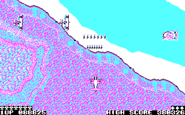 Sky Shark IBM PC/Compatibles Screenshot: Smaller boats attack when you fly over rivers.