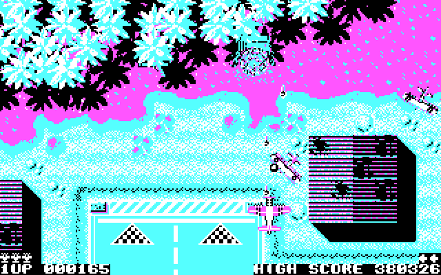 Sky Shark IBM PC/Compatibles Screenshot: Enemy planes and tanks attacking.