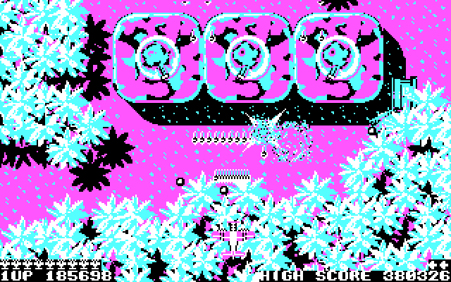 Sky Shark IBM PC/Compatibles Screenshot: Numerous, large guns block the end of this level.