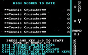 Cosmic Crusader for IBM PC/Compatibles - The main menu and high scores.