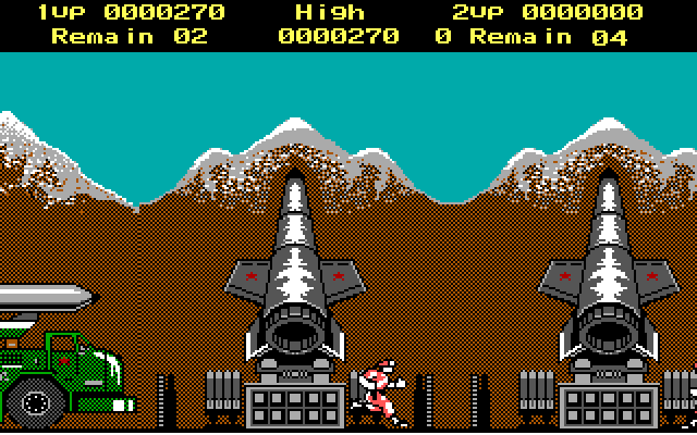 Rush'n Attack IBM PC/Compatibles Screenshot: Giant missiles at an enemy camp...