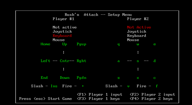 Rush'n Attack IBM PC/Compatibles Screenshot: Setup menu.