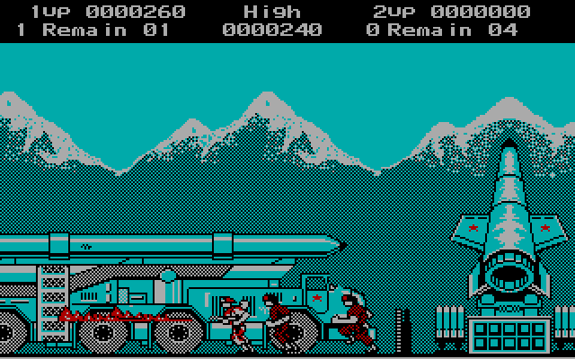 Rush'n Attack IBM PC/Compatibles Screenshot: Firing a flame thower...in the wrong direction...
