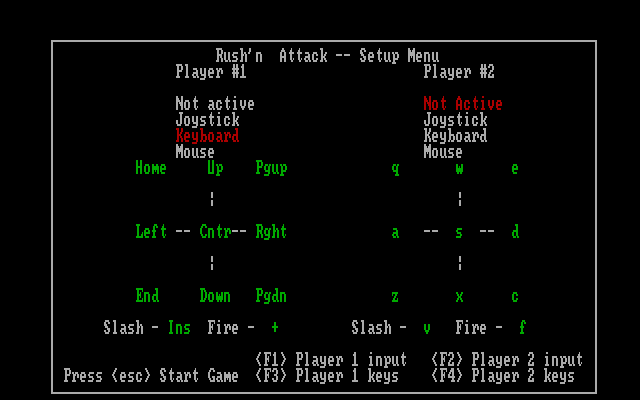 Rush'n Attack IBM PC/Compatibles Screenshot: Setup menu.