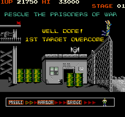 Rush'n Attack Arcade Screenshot: Level one completed!
