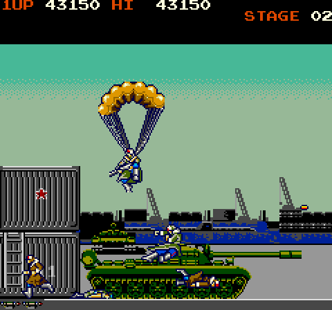 Rush'n Attack Arcade Screenshot: Enemies parachute in from above...