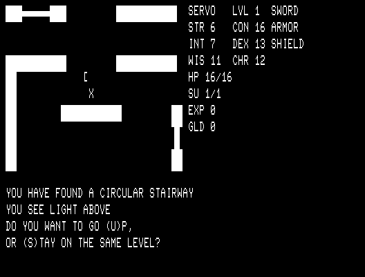 Telengard TRS-80 Screenshot: I found a circular stairway...Should I go up?