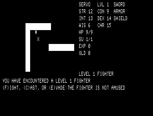 Telengard TRS-80 Screenshot: Encountered a level 1 fighter!