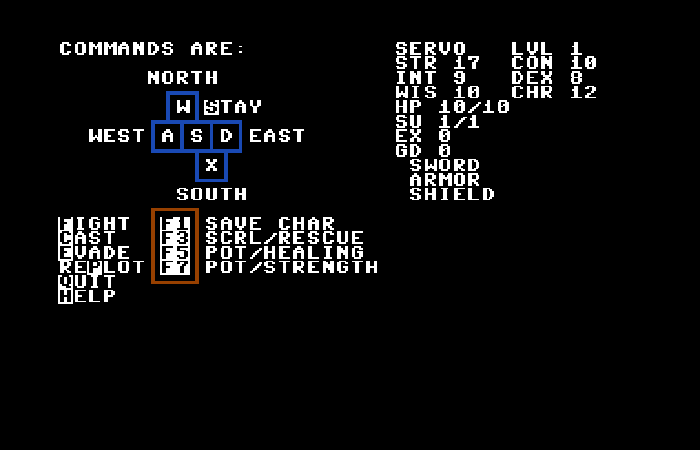 Telengard Commodore 64 Screenshot: Here's the list of commands.