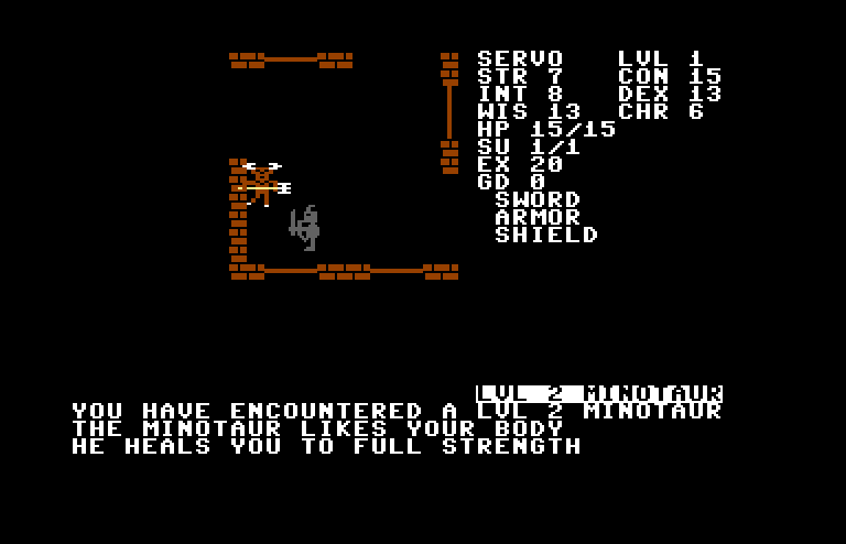 Telengard Commodore 64 Screenshot: What luck, healed by a minotaur!