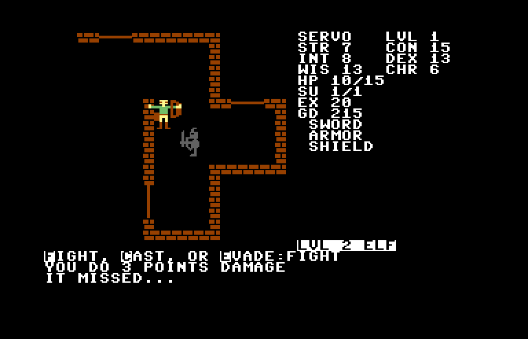 Telengard Commodore 64 Screenshot: Fighting an elf...