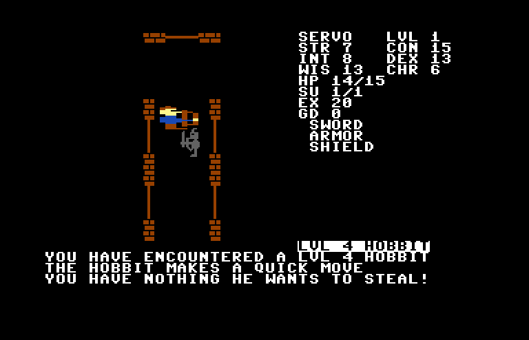 Telengard Commodore 64 Screenshot: A hobbit tried to steal from me, but I have no valuable items!