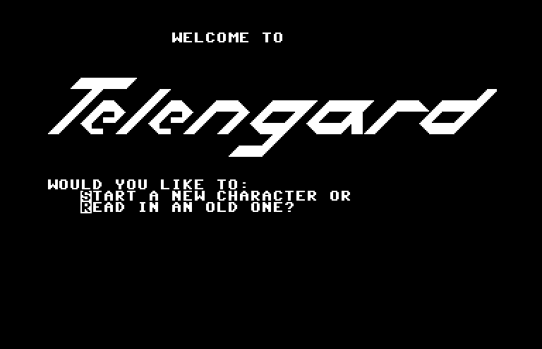 Telengard Commodore 64 Screenshot: Title screen. Start a new game, or continue an old one?