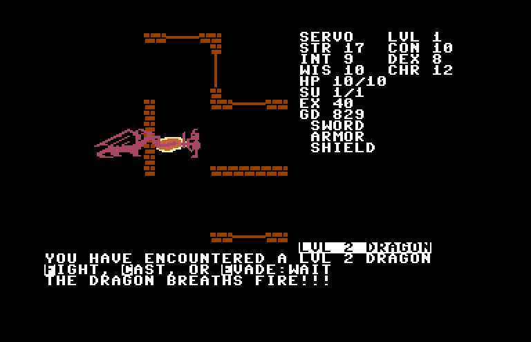 Telengard Commodore 64 Screenshot: Lookout, it's a level 2 dragon!