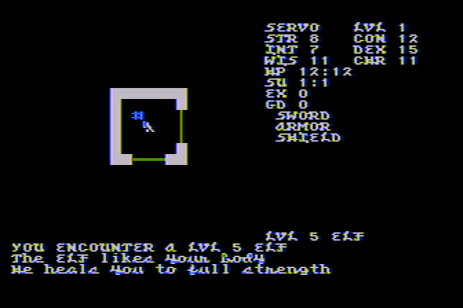 Telengard Atari 8-bit Screenshot: What luck, an elf has healed me!