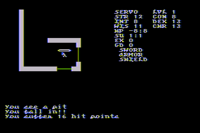 Telengard Atari 8-bit Screenshot: Oops, I fell down a pit...