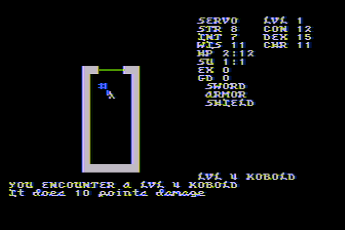 Telengard Atari 8-bit Screenshot: Another encounter, this time with a kobold.