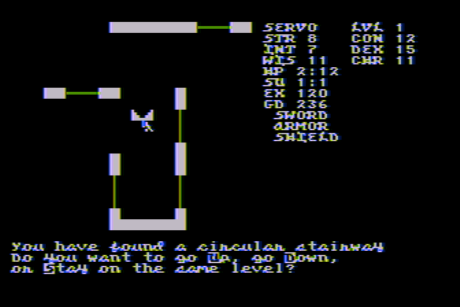 Telengard Atari 8-bit Screenshot: A staircase! I can go up or down from here!