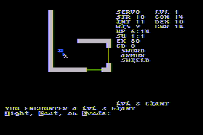 Telengard Atari 8-bit Screenshot: An encounter! Do you want to fight?